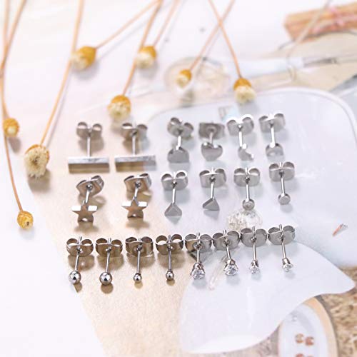 Sailimue 10 Pares Acero Inoxidablede Pequeño Pendientes Studs Set para Mujer Pendientes Corazon Estrella Luna Bolas Triangulo Pendientes Circonita Piercing Arete