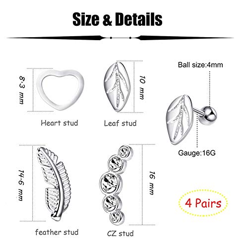 Sailimue 4 pares Acero Inoxidable Pendientes para Mujeres Niñas Aretes Piercing Cartílago Tragus Stud Pendientes, 16G
