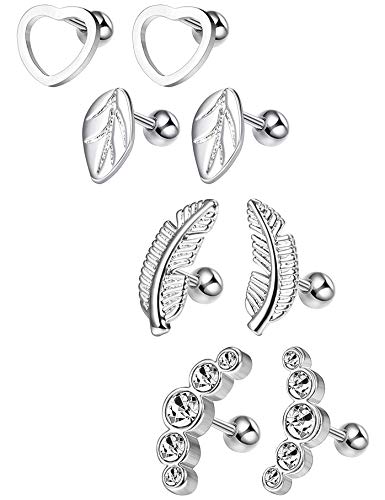 Sailimue 4 pares Acero Inoxidable Pendientes para Mujeres Niñas Aretes Piercing Cartílago Tragus Stud Pendientes, 16G