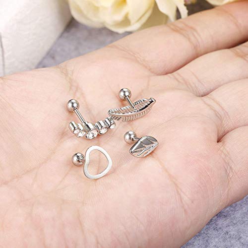 Sailimue 4 pares Acero Inoxidable Pendientes para Mujeres Niñas Aretes Piercing Cartílago Tragus Stud Pendientes, 16G