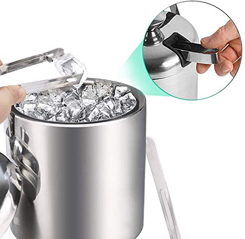Sailnovo Cubitera Hielo Cubitera de Acero Inoxidable Grueso con Tenacillas y Tapa de Tanque de Hielo 1.2 L Conveniente para el champan Que se refresca,Cerveza refrigerada. (Plateado 2)