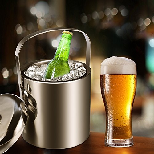 Sailnovo Cubiteras de Hielo Cubiteras de Acero Inoxidable con Tenacillas y Tapa Enfriador de champá y Vino Cubo de Hielo Aislamiento de Doble Pared para Enfriamiento Largo 1.3L Plata