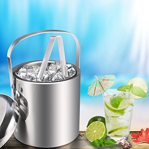Sailnovo Cubiteras de Hielo Cubiteras de Acero Inoxidable con Tenacillas y Tapa Enfriador de champá y Vino Cubo de Hielo Aislamiento de Doble Pared para Enfriamiento Largo 1.3L Plata