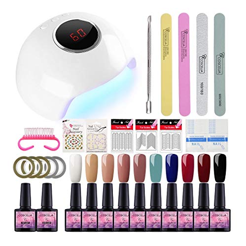 Saint-Acior Kit Uñas de Esmalte Semipermanente Gel 10 Colores 8ml 24W UV/LED Lámpara Secador Uñas en Gel Top coat Base Coat Manicura Kit