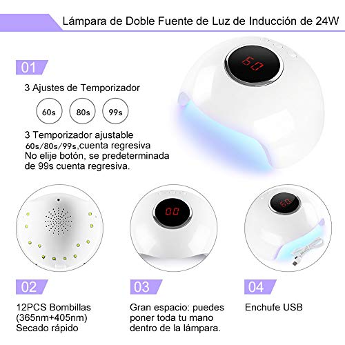 Saint-Acior Kit Uñas de Esmalte Semipermanente Gel 10 Colores 8ml 24W UV/LED Lámpara Secador Uñas en Gel Top coat Base Coat Manicura Kit