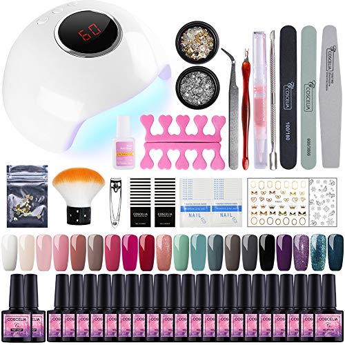 Saint-Acior Kit Uñas de Gel 20pcs Esmalte Semipermanente Soak-Off 8ml 24W UV/LED Secador de Uñas Topcoat Base Coat Manicura Kit