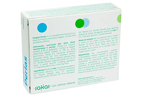 Sakai –Gargola Perlas – Alivia las molestias de la garganta –Protege tus cuerdas vocales- Bienestar de la boca y la faringe – Con Própolis, Regaliz, Equinácea, Anís estrellado, Menta, y Tomillo.