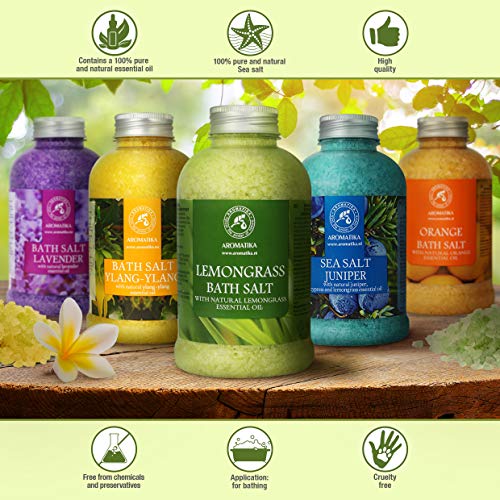 Sal de Baño de Lemongrass 600g - Sal Marina con Aceites Esenciales de Lemongrass para Dormir - Cuidado Corporal - Relajación - Spa