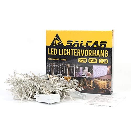 SALCAR Cortina de Luces LED, 6 * 3m LED Cadena, Impermeable 600 LED Tira para Sala de Estar, jardín, terraza, Fondo de TV, Patio, etc. - Blanco cálido