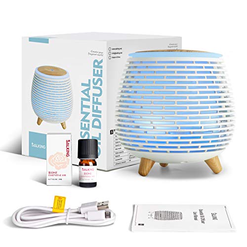 SALKING Humidificador Aceites Esenciales, Difusor de Aromaterapia con Rosa Aceite Esencial, Difusor Ultrasonico de Aceites Esenciales con LED de 7 Colores, 2 Modos Programados para Hogar,Oficina,Yoga