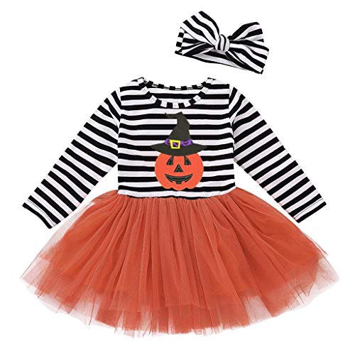 Sallydream_ Disfraz Halloween Niña Conjunto de Bebé Recién Nacida con Camisa Manga Larga Falda de Tutú Diadema y Calentador Traje de 2 Piezas para Niñas,1-5 años(Naranja,18-24 Meses)