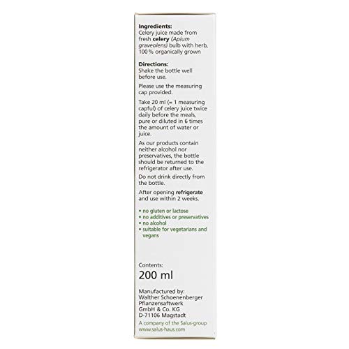Salus 100% jugo orgánico fresco puro de la planta del apio orgánico 200 ml (paquete de 1)