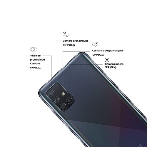 Samsung Galaxy A71 - Smartphone de 6.7" FHD+ (4G, Dual SIM, 6 GB RAM,128 GB ROM, cámara Trasera 64.0 MP+12.0 MP (UW)+5.0 MP (Macro)+5 MP, cámara Frontal 32 MP) Negro [Versión española]