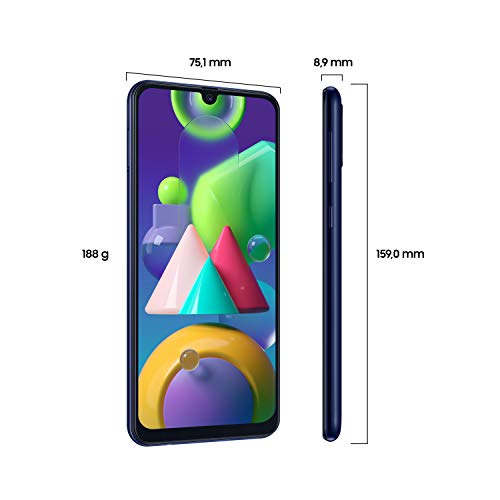 SAMSUNG Galaxy M21 - Smartphone Dual SIM de 6.4" sAMOLED FHD+,Ttriple Cámara 48 MP, 4 GB RAM, 64 GB ROM Ampliables, Batería 6000 mAh, Android, Versión Española, Color Azul