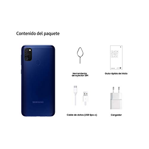 SAMSUNG Galaxy M21 - Smartphone Dual SIM de 6.4" sAMOLED FHD+,Ttriple Cámara 48 MP, 4 GB RAM, 64 GB ROM Ampliables, Batería 6000 mAh, Android, Versión Española, Color Azul