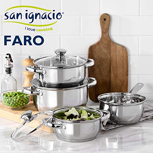 San Ignacio Batería de cocina 7 piezas Cazo sin tapa Ø16 (1.5L) / Cacerola Ø16 (1.5L) Cacerola Ø18 (2.0L) Cacerola Ø20 (3.0L), acero inoxidable, inducción