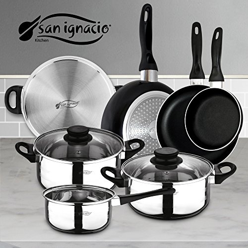 San Ignacio PK329 Set Juego de Tres sartenes + Batería de Cocina 5 Piezas, Cromado