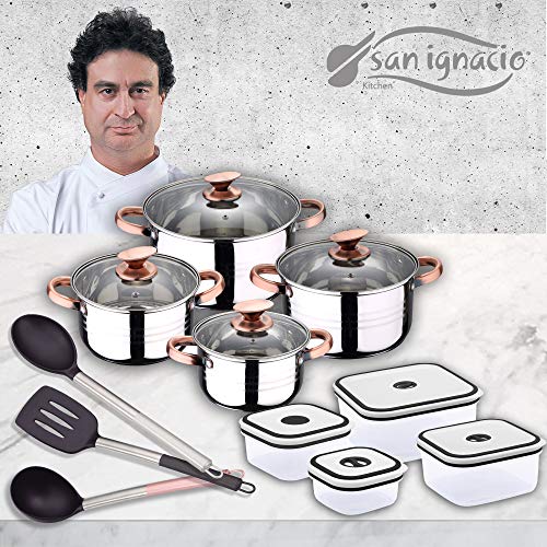 San Ignacio Premium - Bateria de 4 piezas, 4 fiambreras y 3 Utensilios, acero inoxidable, color cobre, 1.9L -2.7L -3.5L-5.1L