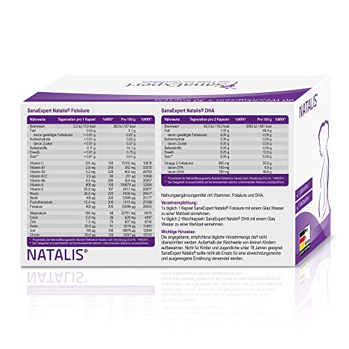SanaExpert Natalis, Suplemento Nutricional Para Mujeres Embarazadas con Ácido Fólico, Hierro, DHA, Extra Vitaminas, 90 Cápsulas (67g)