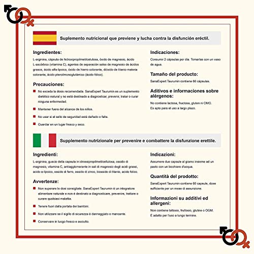 SanaExpert Taurumin, Cápsulas Contra la Disfunción Eréctil, L-Arginina, Zinc, Proteínas, 60 Unidades