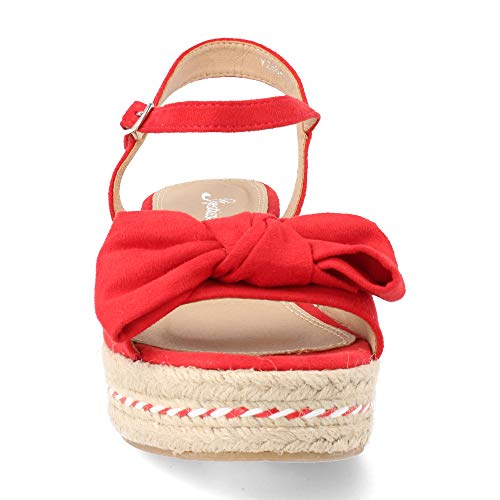 Sandalia Mujer Plataforma Yute de Cuna Baja Combinado con Lazo Decorativo y Pulsera Ajustable Primavera Verano 2019 Talla 39 Rojo