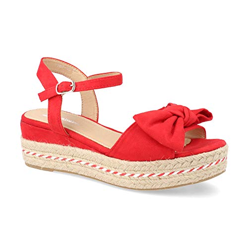 Sandalia Mujer Plataforma Yute de Cuna Baja Combinado con Lazo Decorativo y Pulsera Ajustable Primavera Verano 2019 Talla 39 Rojo
