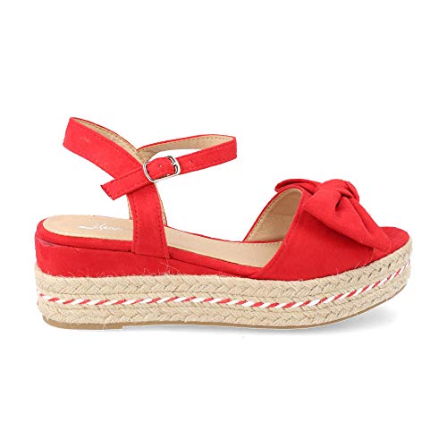 Sandalia Mujer Plataforma Yute de Cuna Baja Combinado con Lazo Decorativo y Pulsera Ajustable Primavera Verano 2019 Talla 39 Rojo