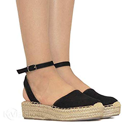 Sandalias Mujer Verano 2019 Plataforma Cuña PAOLIAN Sandalias de Fiesta Esparto Playa Zapatos Tacon Medio Alpargatas Casual Vestir Elegantes con Correa de Tobillo Grandes 35-43 EU (41 EU, Negro-1)