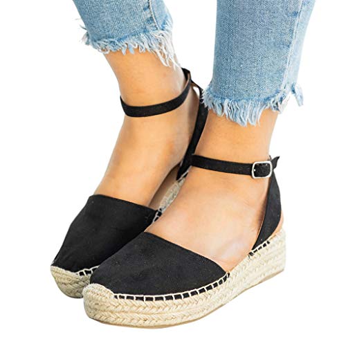 Sandalias Mujer Verano 2019 Plataforma Cuña PAOLIAN Sandalias de Fiesta Esparto Playa Zapatos Tacon Medio Alpargatas Casual Vestir Elegantes con Correa de Tobillo Grandes 35-43 EU (41 EU, Negro-1)