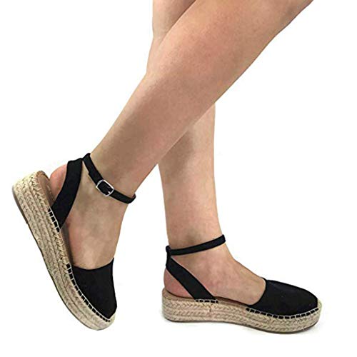 Sandalias Mujer Verano 2019 Plataforma Cuña PAOLIAN Sandalias de Fiesta Esparto Playa Zapatos Tacon Medio Alpargatas Casual Vestir Elegantes con Correa de Tobillo Grandes 35-43 EU (41 EU, Negro-1)
