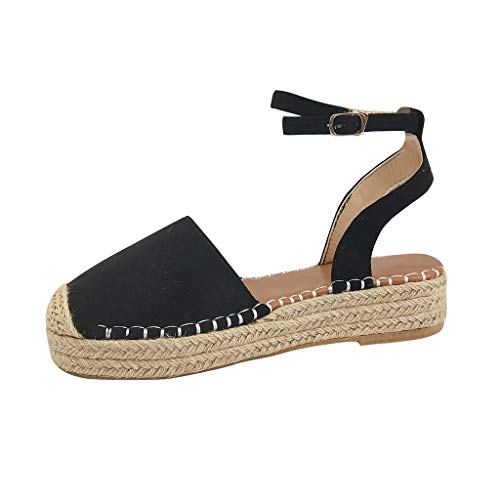Sandalias Mujer Verano 2019 Plataforma Cuña PAOLIAN Sandalias de Fiesta Esparto Playa Zapatos Tacon Medio Alpargatas Casual Vestir Elegantes con Correa de Tobillo Grandes 35-43 EU (41 EU, Negro-1)