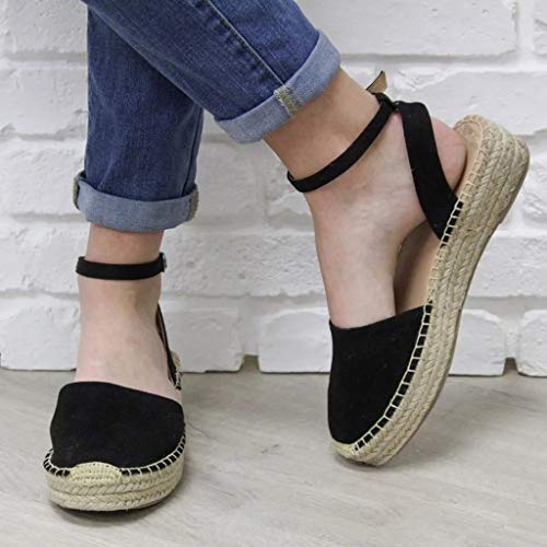 Sandalias Mujer Verano 2019 Plataforma Cuña PAOLIAN Sandalias de Fiesta Esparto Playa Zapatos Tacon Medio Alpargatas Casual Vestir Elegantes con Correa de Tobillo Grandes 35-43 EU (41 EU, Negro-1)