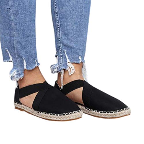 Sandalias para Mujer Verano 2019 Planas PAOLIAN Alpargatas Esparto Playa Casual Fiesta Zapatos Vestir Elegantes Retro con Correa de Tobillo Tallas Grandes (40 EU, Negro-1)