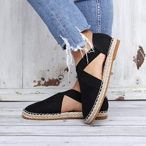 Sandalias para Mujer Verano 2019 Planas PAOLIAN Alpargatas Esparto Playa Casual Fiesta Zapatos Vestir Elegantes Retro con Correa de Tobillo Tallas Grandes (40 EU, Negro-1)