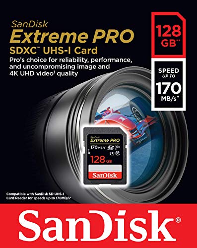 SanDisk Extreme PRO - Tarjeta de memoria SDXC de 128 GB, hasta 170 MB/s, Class 10, U3 y V30