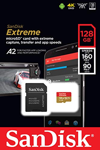 SanDisk Extreme - Tarjeta de memoria microSDXC de 128 GB con adaptador SD, A2, hasta 160 MB/s, Class 10, U3 y V30