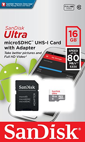 SanDisk Ultra - Tarjeta de memoria , Android microSDHC de 16 GB + adaptador SD con hasta 80 MB/s y Class 10