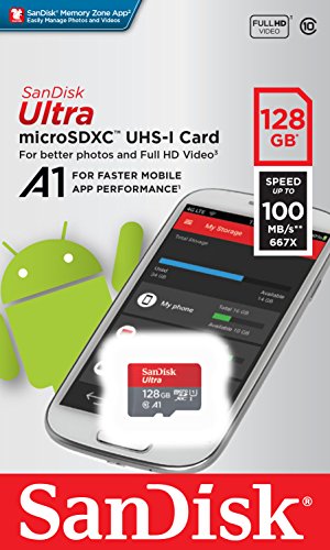 SanDisk Ultra Tarjeta de memoria microSDXC con adaptador SD, hasta 100 MB/s, rendimiento de apps A1, Clase 10, U1, 128 GB