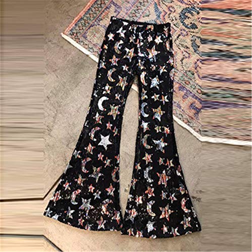 SANJIBAO Camiseta Larga de la Llamarada de los Pantalones Palazzo geométricas de Las Lentejuelas Ancha Leggings Pantalones Mujeres Wet Look TRETCH Fitness (Negro),L