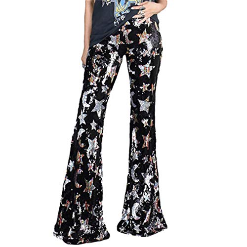 SANJIBAO Camiseta Larga de la Llamarada de los Pantalones Palazzo geométricas de Las Lentejuelas Ancha Leggings Pantalones Mujeres Wet Look TRETCH Fitness (Negro),L