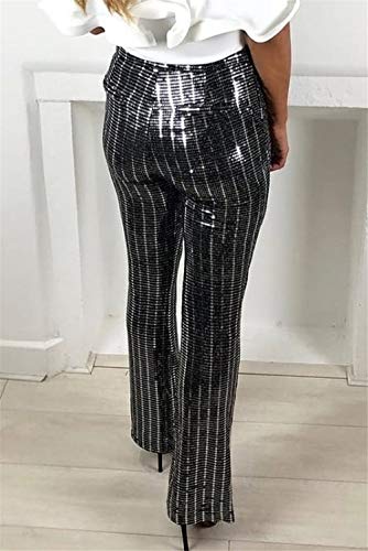 SANJIBAO Pantalones Palazzo Acampanados Largos Look Mojado de Mujer Rayas Que bloquean el Color Pantalones Casuales de Mujer Cintura Alta Pantalones Anchos con Lentejuelas de Fiesta,L