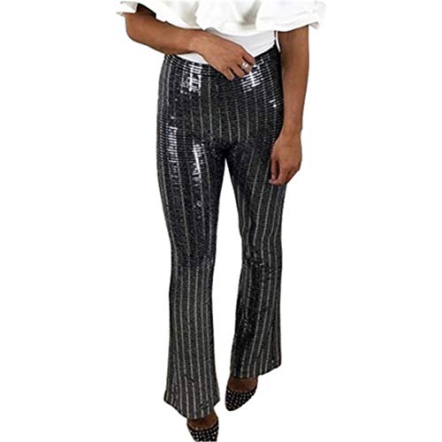 SANJIBAO Pantalones Palazzo Acampanados Largos Look Mojado de Mujer Rayas Que bloquean el Color Pantalones Casuales de Mujer Cintura Alta Pantalones Anchos con Lentejuelas de Fiesta,L