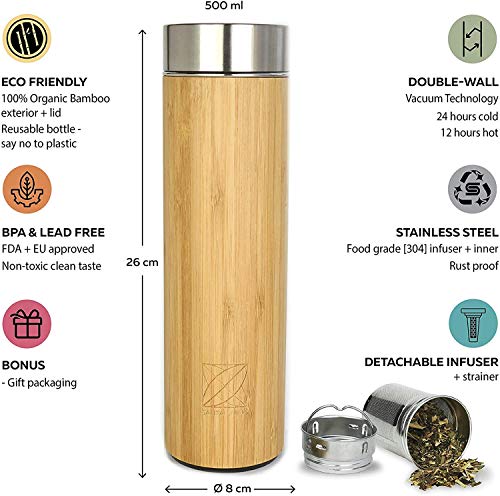 Santai Living Termo de Bambú Hermético (500 ml) Botella Isotermo con Doble Cámara Aislante con Infusor para Té, Café o Fruta | Vaso Térmico de Viaje Libre de BPA