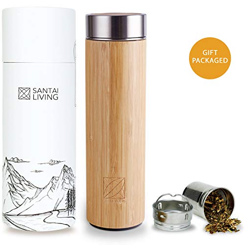 Santai Living Termo de Bambú Hermético (500 ml) Botella Isotermo con Doble Cámara Aislante con Infusor para Té, Café o Fruta | Vaso Térmico de Viaje Libre de BPA