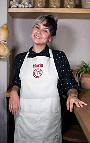 SAQUITOMAGICO Delantal Masterchef. Personalizado Bordado con tu Nombre .El Delantal Que Llevan los concursantes del Programa !!Blanco Personalizado
