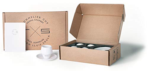 SAULA PREMIUM 4 Tazas y Plato café Sommelier con cámara de Aroma, Medida Ideal para el Espresso, Porcelana Fina y conservación del Calor y de la Crema Optima.e