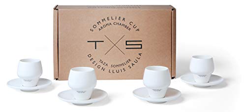 SAULA PREMIUM 4 Tazas y Plato café Sommelier con cámara de Aroma, Medida Ideal para el Espresso, Porcelana Fina y conservación del Calor y de la Crema Optima.e