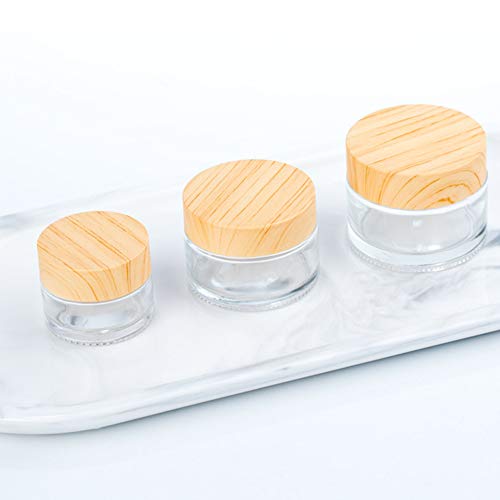 Schneespitze 5 Pcs Frasco De Crema Facial De Vidrio,Ollas De Crema para La Cara Vacías Textura De Madera Tapa,Esmerilado Tarros De Crema Recipientes VacíOs para CosméTicos