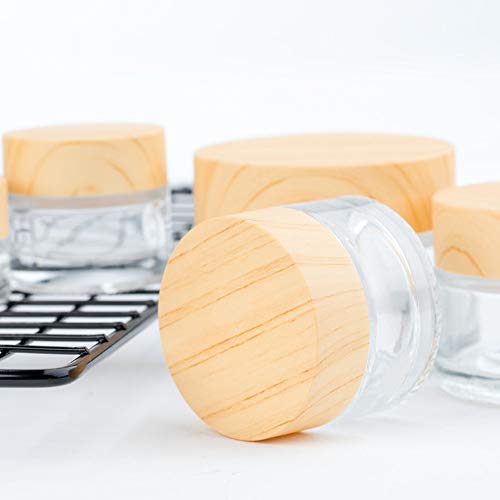 Schneespitze 5 Pcs Frasco De Crema Facial De Vidrio,Ollas De Crema para La Cara Vacías Textura De Madera Tapa,Esmerilado Tarros De Crema Recipientes VacíOs para CosméTicos