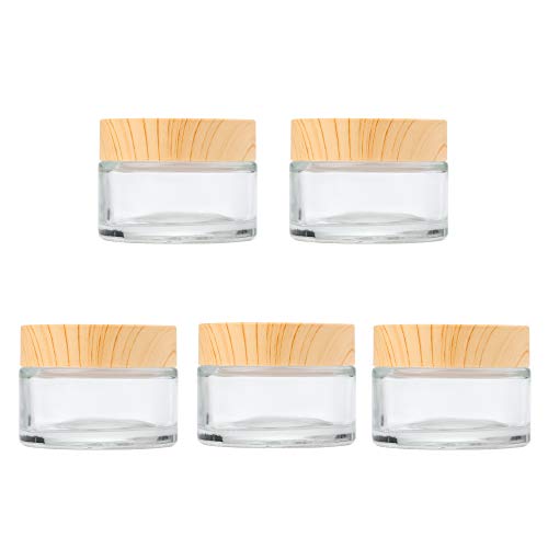 Schneespitze 5 Pcs Frasco De Crema Facial De Vidrio,Ollas De Crema para La Cara Vacías Textura De Madera Tapa,Esmerilado Tarros De Crema Recipientes VacíOs para CosméTicos
